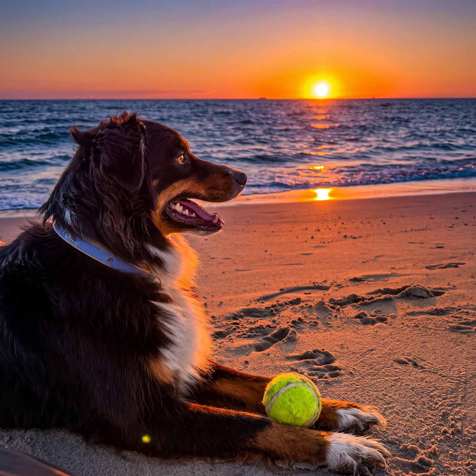 An Australian Shepherd lying on the beach at sunset with a tennis ball between her paws, gazing out at the glowing horizon