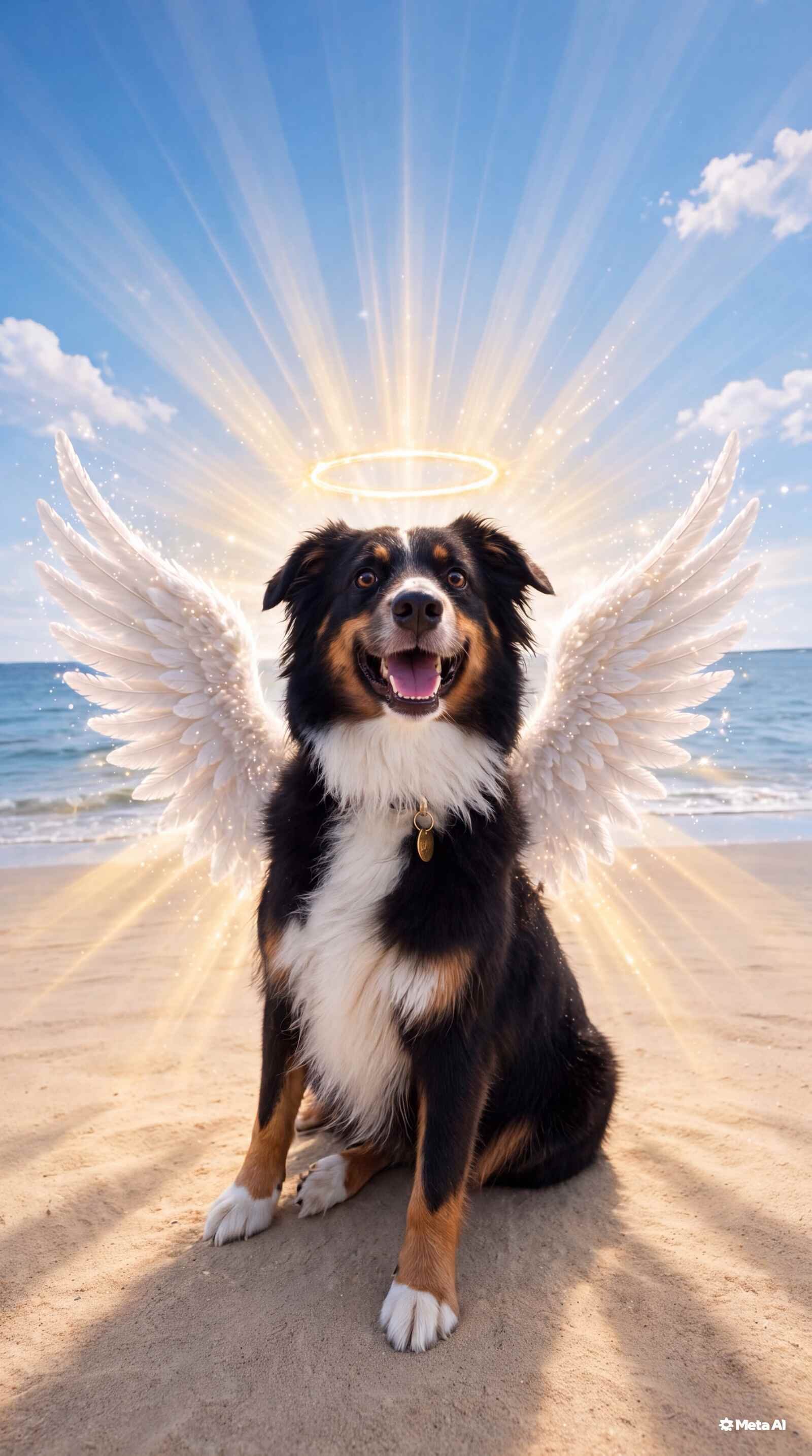 Kira, an Australian Shepherd, sitting on a sunny beach and looking up brightly