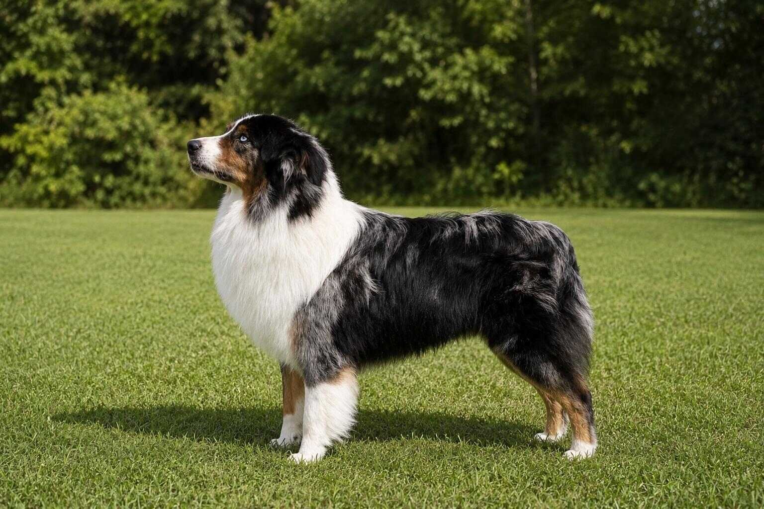 Flint standing in profile in a grassy field, showing off his full coat and elegant stance